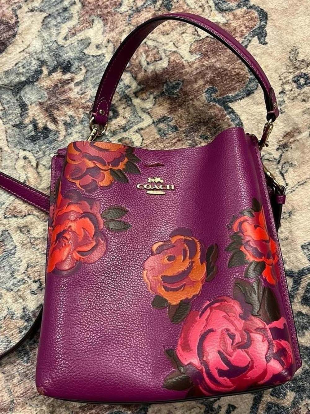Coach Purple Floral Leather Mollie Bucket Bag - Picture 3 of 8